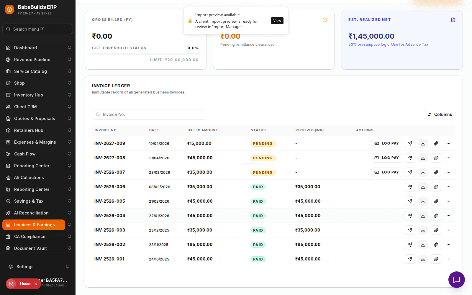 Invoices and Earnings detail