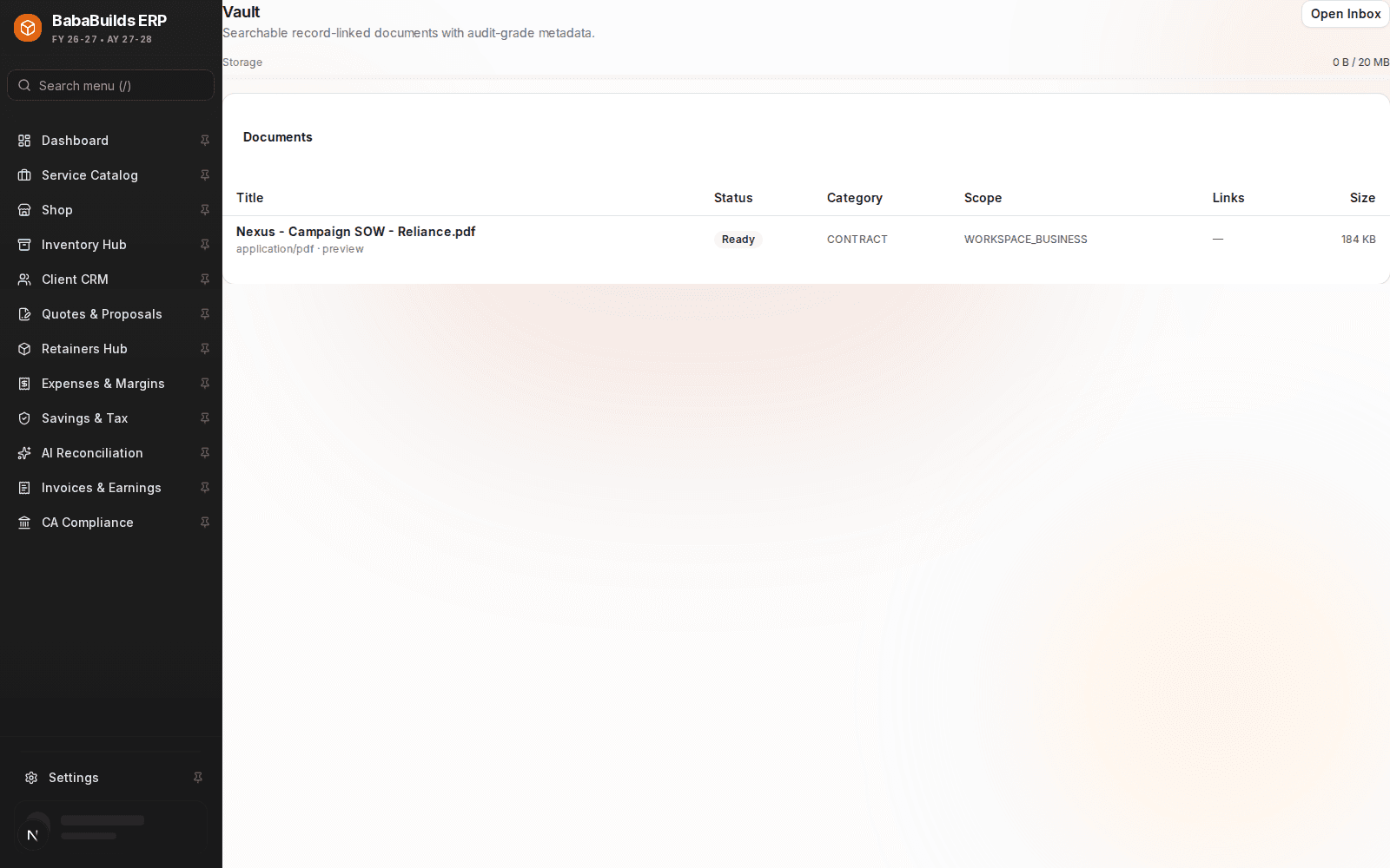Document Vault overview page