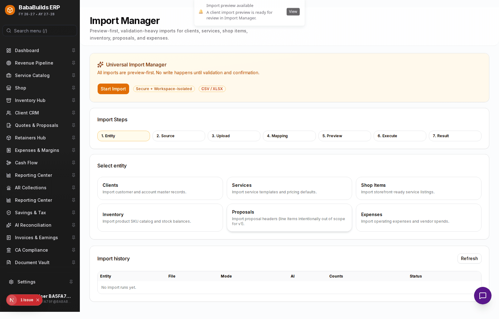 Import Manager overview page