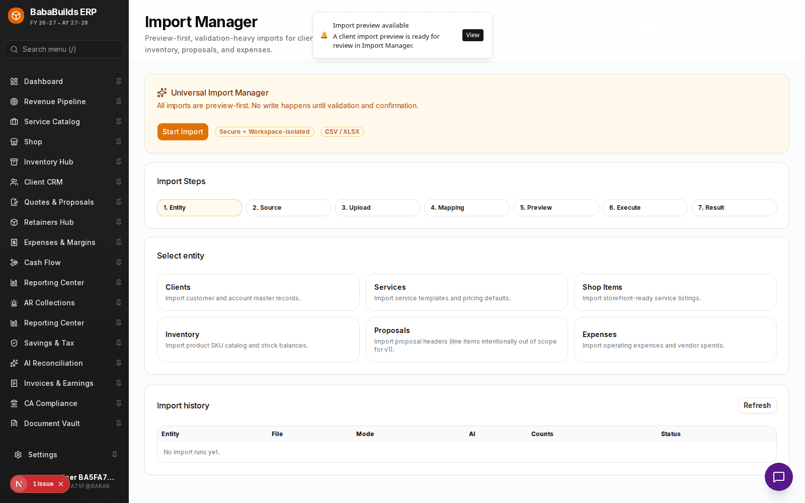 Import Manager mapping/validation screen