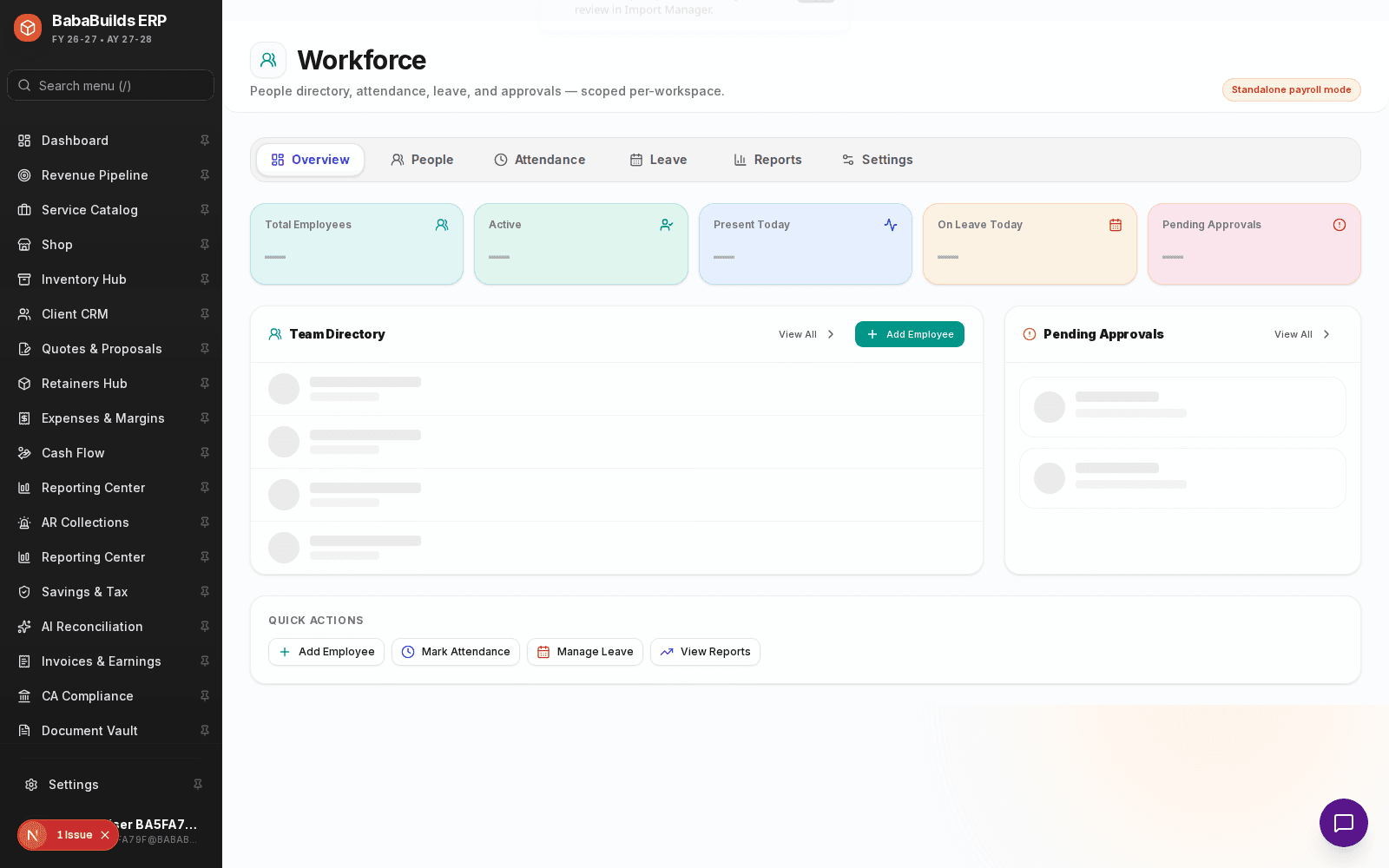Workforce module landing page in dashboard