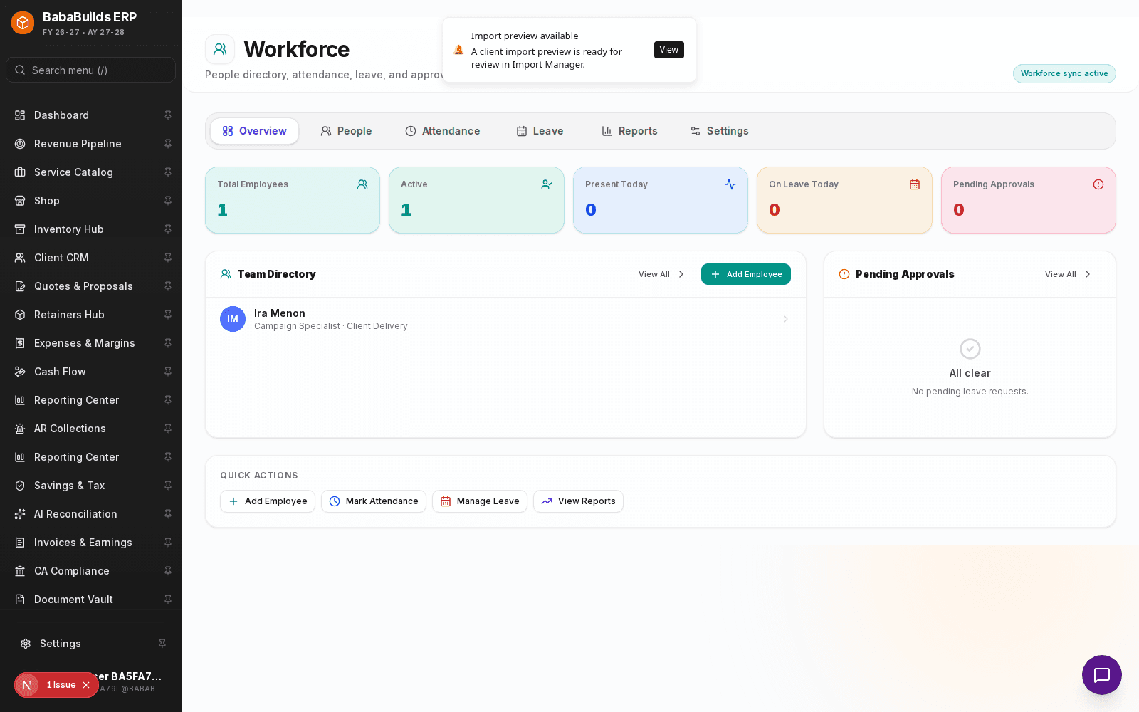 Workforce page showing primary action area