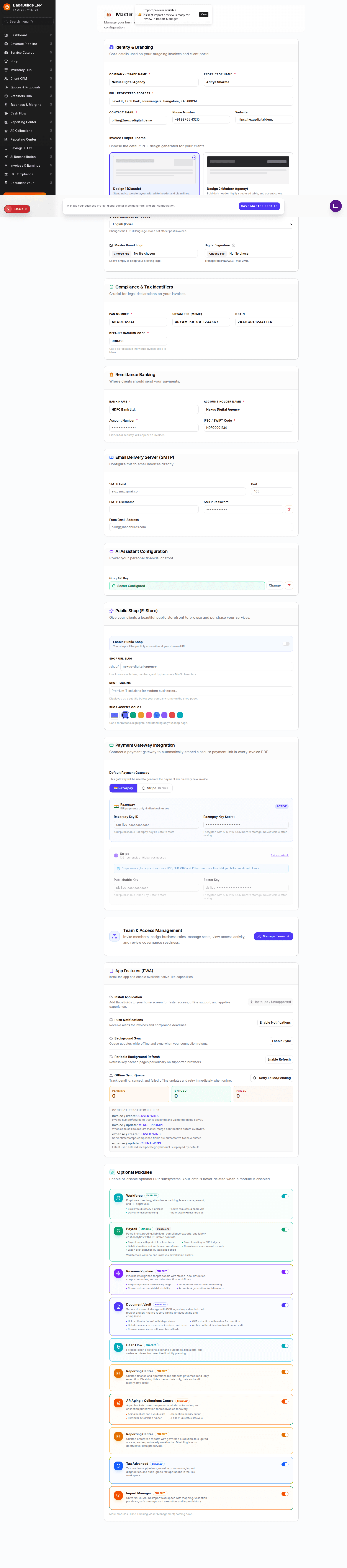 Settings overview page