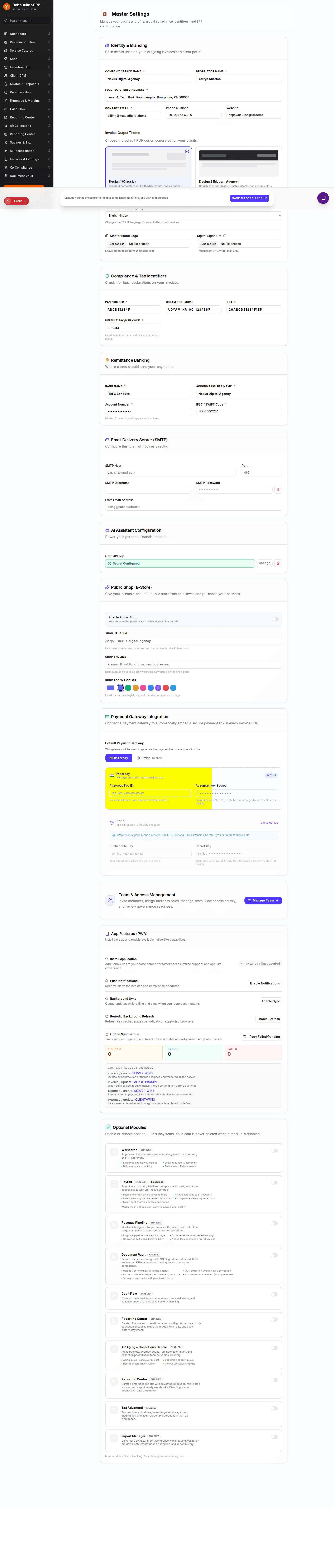 Workspace modules in settings