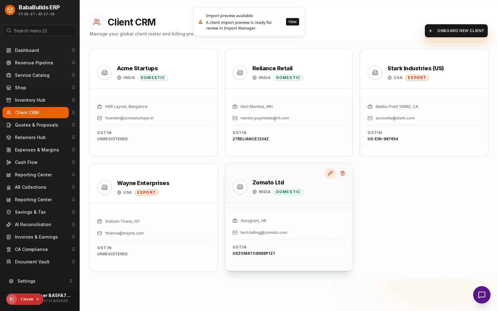 Client CRM detailed view