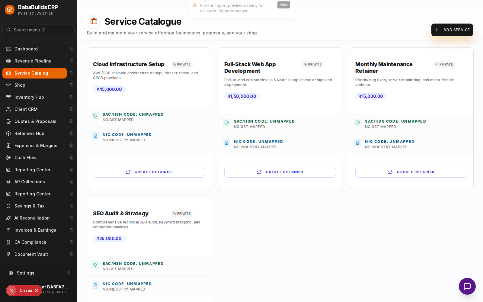 Service catalog create/edit area